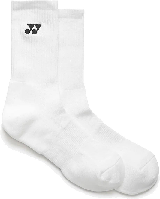 Yonex 19256EX Sport Crew Badminton Socks - White (3 Pack): White crew socks with a small black Yonex logo near the top, offering moisture-wicking comfort. Displayed on a plain white background.