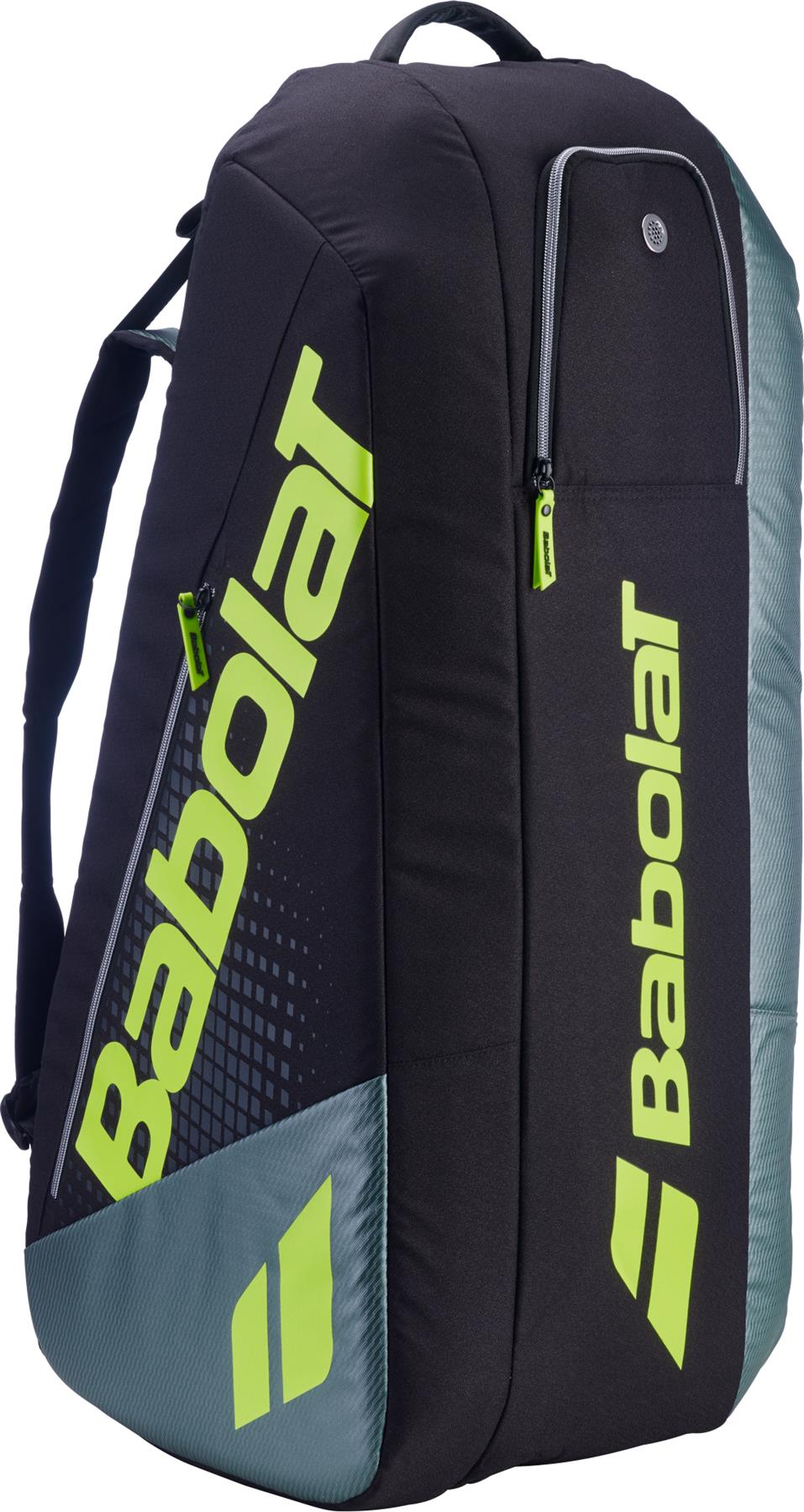 The Babolat RH6 Pure Aero 6 Racket Badminton Bag in Grey/Yellow features neon yellow accents, a side zipper pocket, and padded shoulder straps for comfort and style.