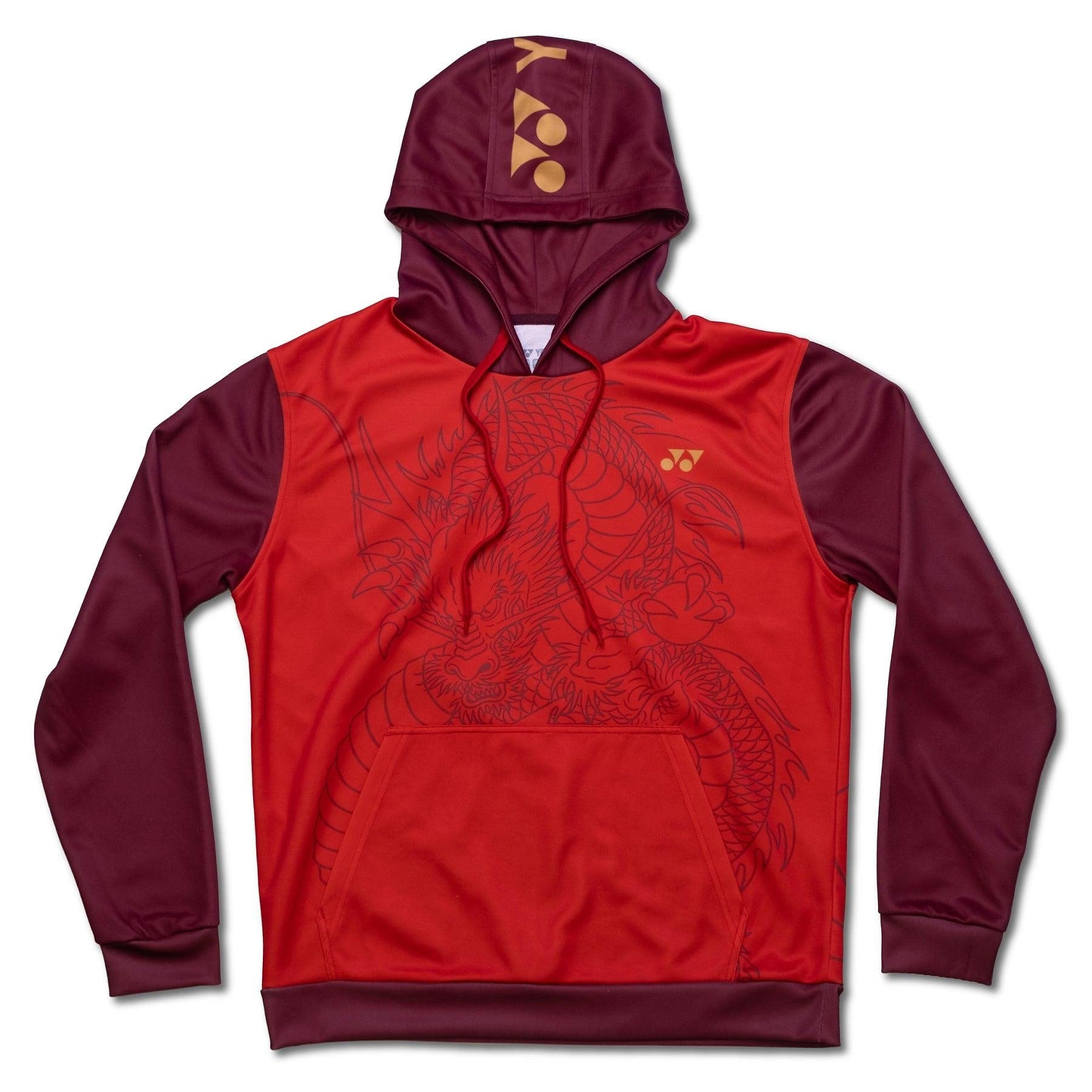 Introducing the Yonex CNY2024 Linear Dragon Unisex Badminton Hoodie in Red—a stunning creation featuring a detailed dragon design on the front. This hoodie, crafted for dragon strength, includes long sleeves, a convenient front pocket, and a hood, all enhanced by sophisticated golden logos on both the chest and hood.