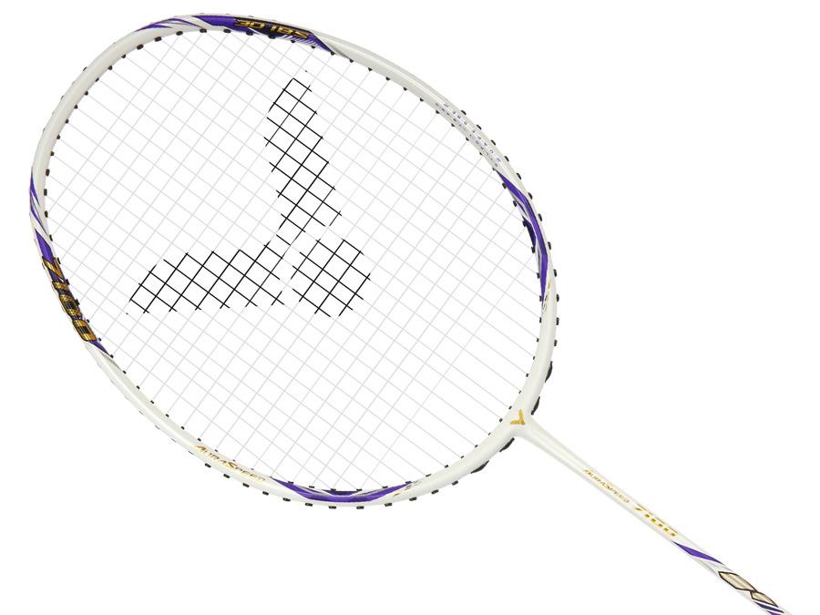 The Victor Auraspeed 7100 4U Badminton Racket by Victor features a white and purple design with a black logo on the string bed, made from high resilience graphite and displayed against a white background.