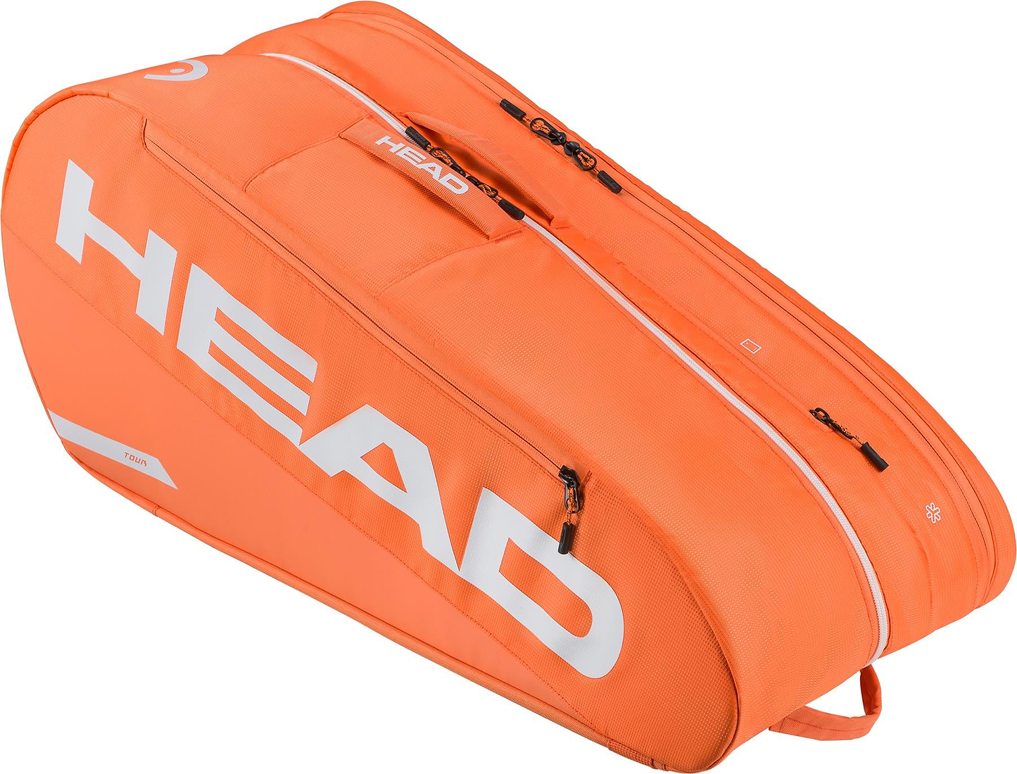 The HEAD Tour 9 Racket Badminton Bag L - Orange features white lettering, multiple zippered compartments, climate control technology, and a top carry handle for convenience.