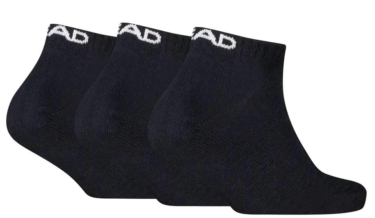 The HEAD All Sport Sneaker Badminton Socks - Black (3 Pack) by HEAD are displayed side by side on a white background, each featuring a white logo near the top and cushioned soles for extra comfort.