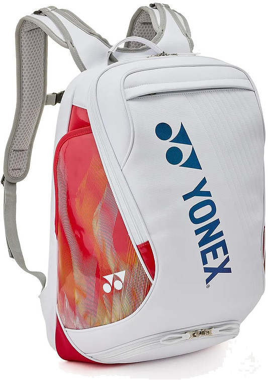 The Yonex 02612EX Expert Badminton Backpack - White has a red and white design, zippered front pocket, comfy shoulder straps, and bold blue Yonex branding—perfect as a badminton backpack or racket bag for players.