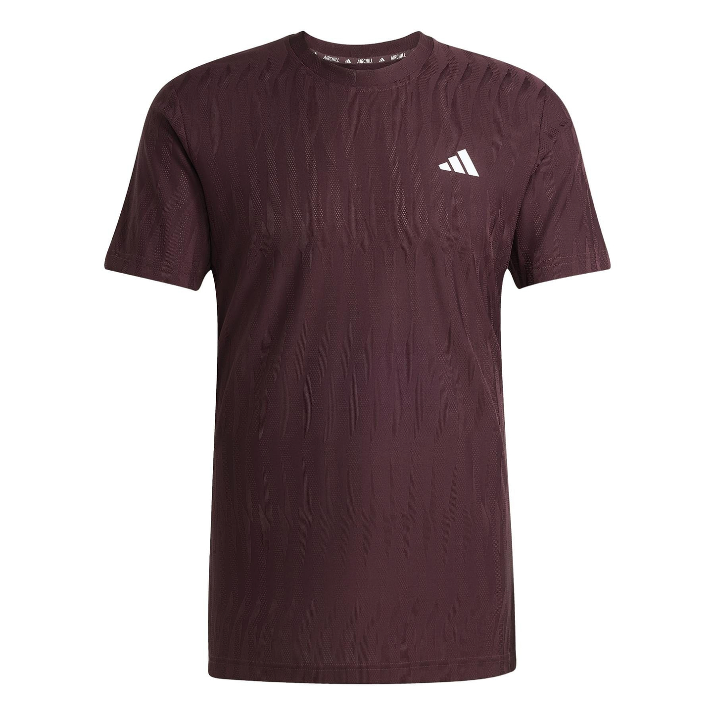 Discover the ADIDAS Men's Climacool+ Freelift Badminton T-Shirt in Ruby. Crafted from recycled materials, this short-sleeve shirt features a subtle textured pattern and a small white logo on the upper left chest, merging style with sustainability.