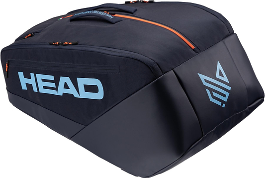 The HEAD Pro 12 Racket Badminton Bag XL - Navy is a spacious tournament-level bag with navy design, multiple compartments for rackets and gear, and CCT+ climate control technology to protect your equipment.