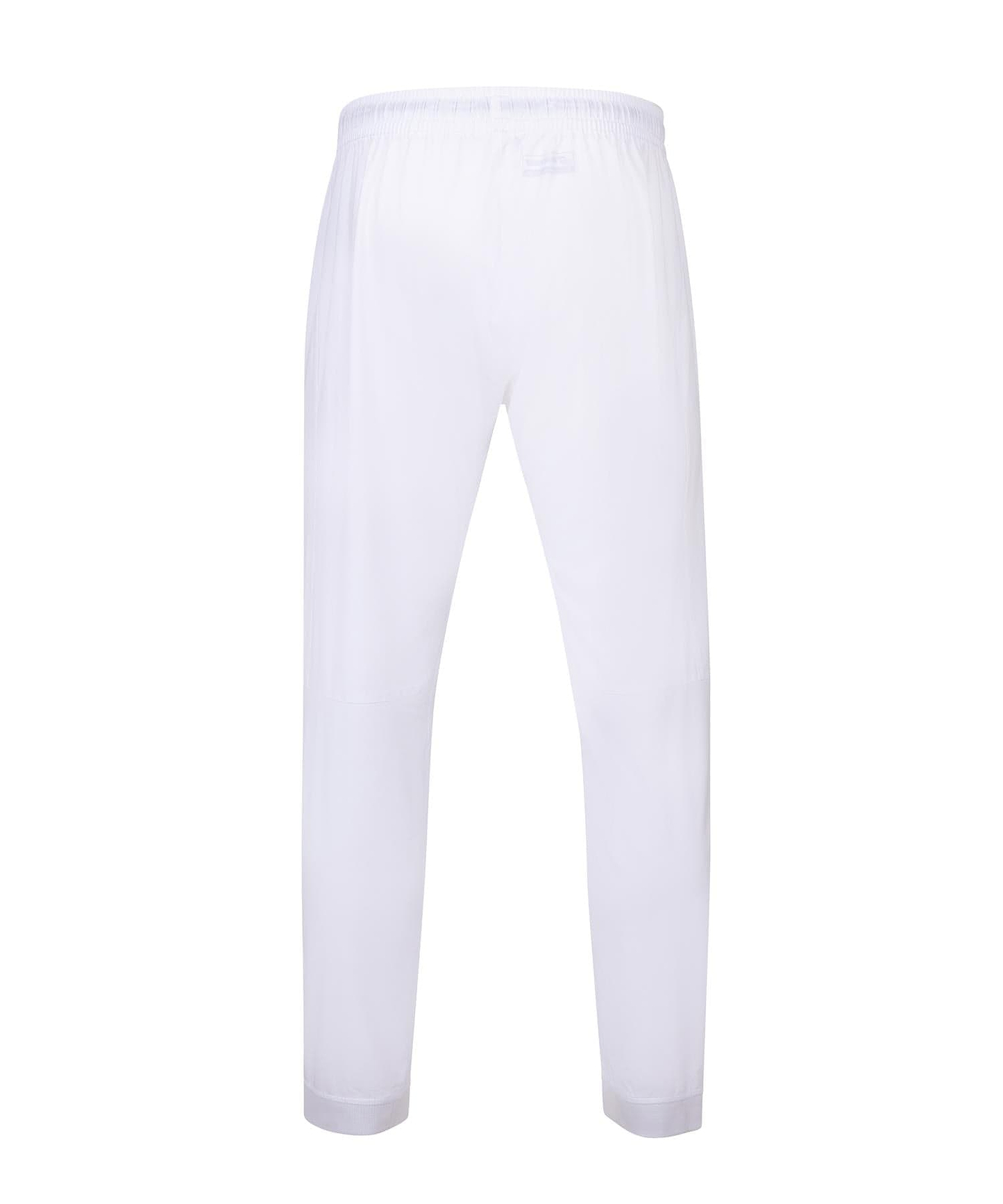 The Babolat Play Men's Badminton Pants in white feature a minimalist design with an elastic waistband, shown from the back. Crafted from four-way stretch fabric, they provide a lightweight feel and timeless style, making them ideal for both on-court performance and casual occasions.