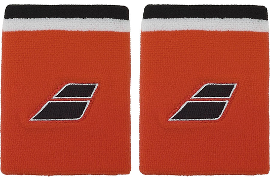 The Babolat Terry Jumbo Wristband in Cherry Tomato features black and white stripes at the top and a bold, slanted Babolat logo—perfect for absorbing sweat and adding style to your tennis accessories collection.