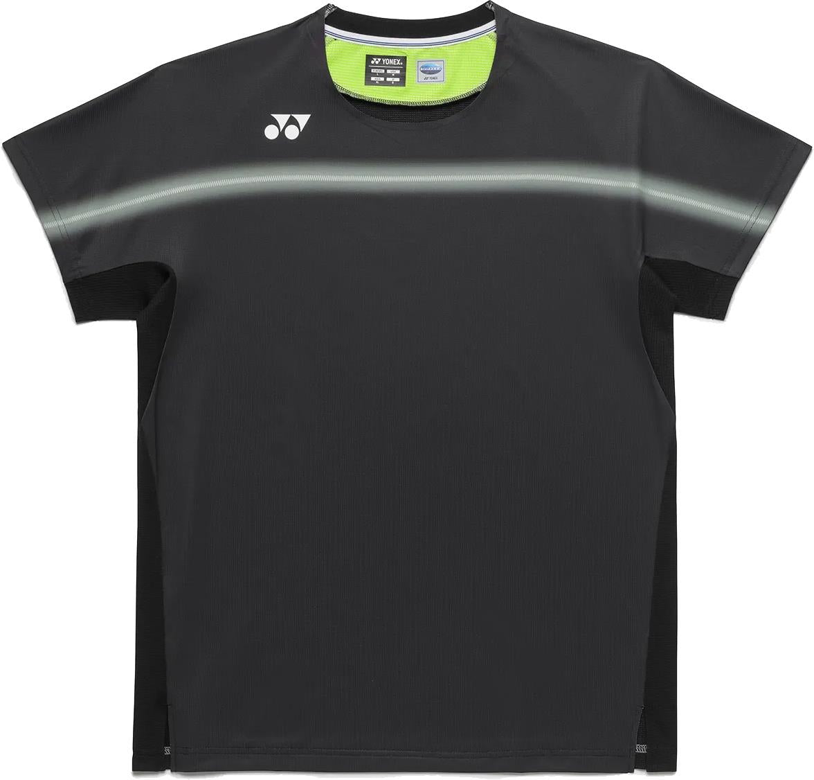 The Yonex 10711YX Crew Neck Men's Badminton T-Shirt in black features short sleeves, a light gray chest stripe, and a white Yonex logo on the left shoulder—ideal performance apparel for active badminton play.