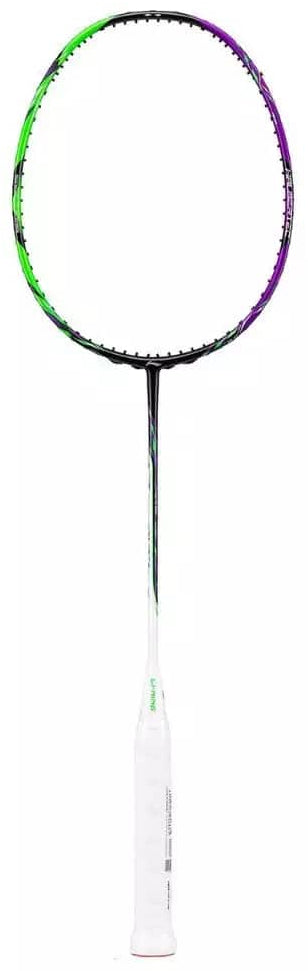 The Li-Ning Halbertec 9000 Badminton Racket in Green Crystal/Dragons Violet is displayed against a white background, featuring an oval frame, thin shaft, and white handle—ideal for high-performance players.