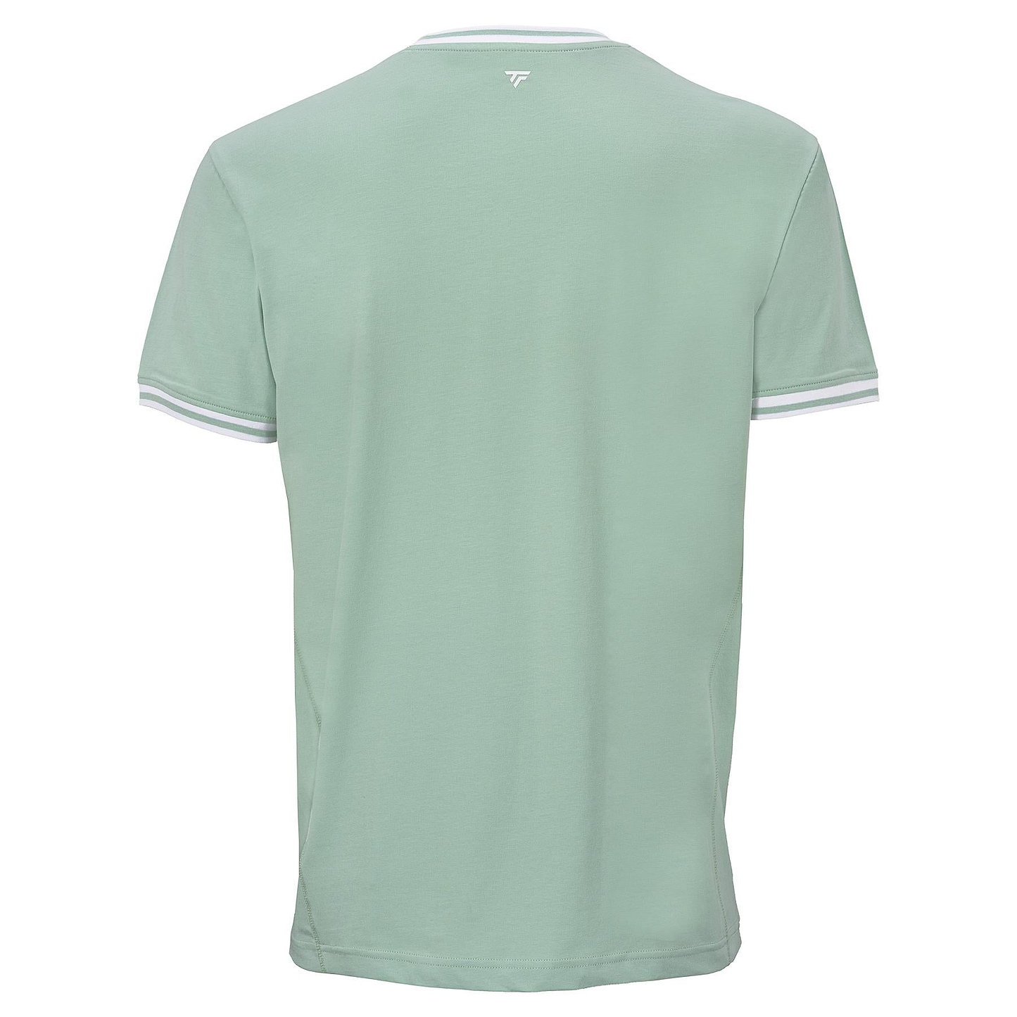 The Tecnifibre Team Stretch Men's Badminton T-Shirt in sage green is shown from the back, featuring white and gray striped trim on the collar and sleeve cuffs, organic cotton fabric, and a small white Tecnifibre logo below the neckline.