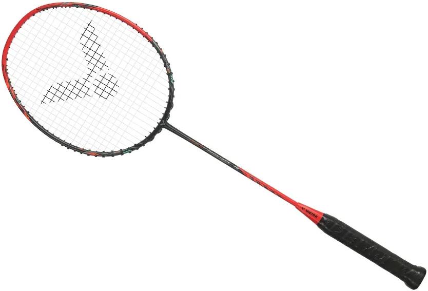 The Victor Thruster Ryuga TD C 4U Badminton Racket by Victor, in black and red, features a logo on its strings and a black grip-taped handle. It uses advanced Power Box technology for enhanced performance and is shown on a white background.