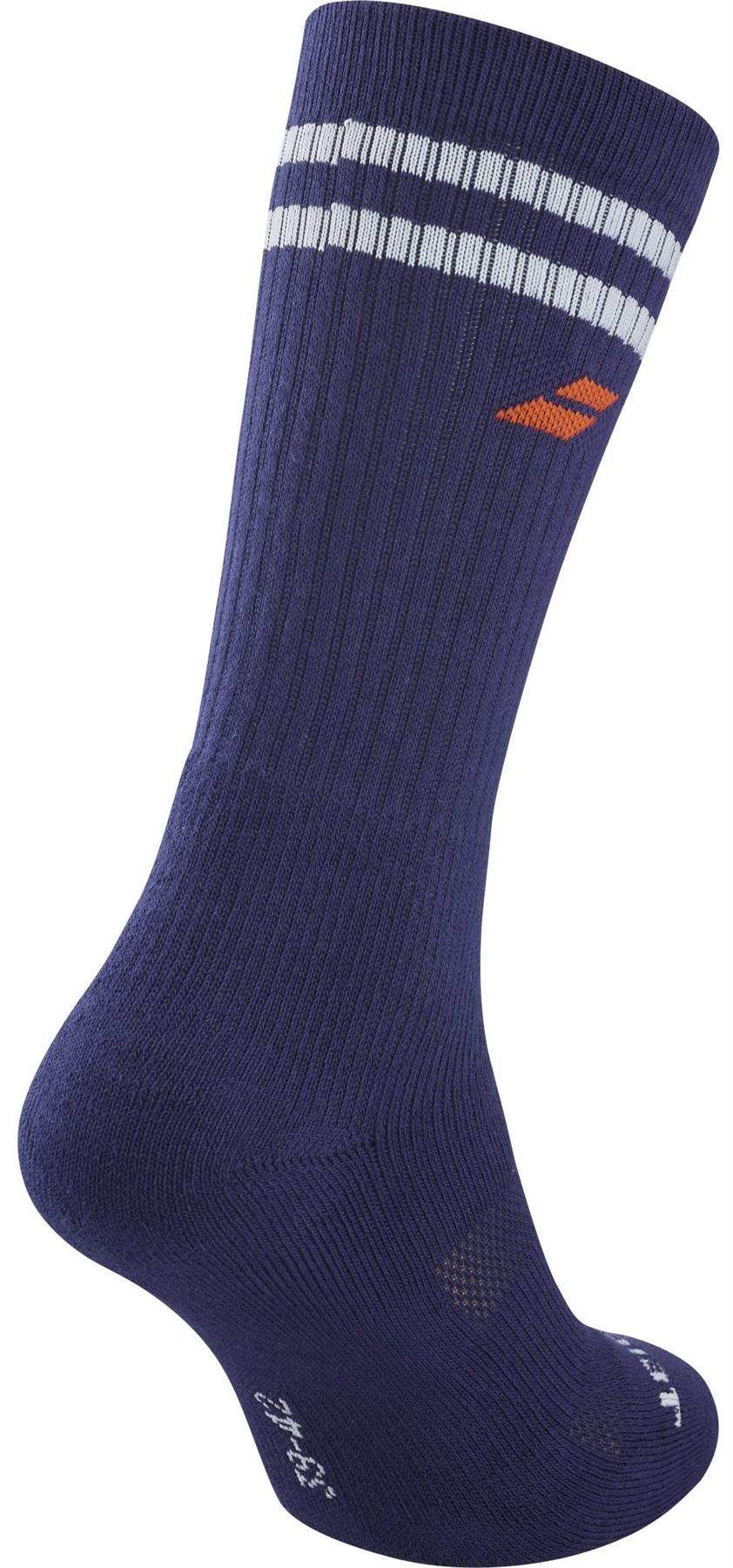 The Babolat Team Single Badminton Sock in Illusion Blue features two white stripes and a small orange logo, made from comfortable sports material for athletic performance.