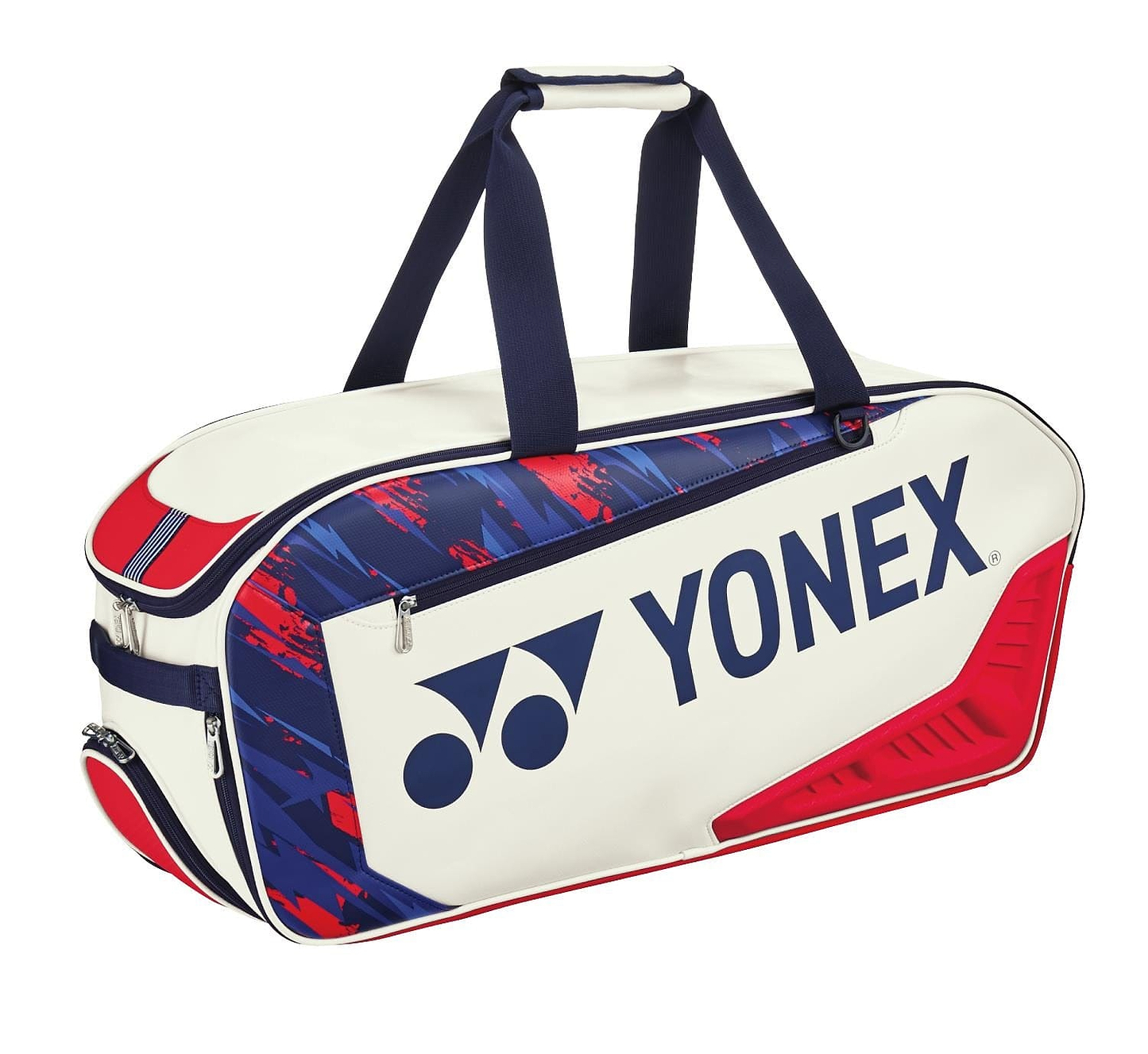 The Yonex 02331EX Expert Tournament Badminton Racket Bag in white and red features robust blue handles and a convenient zippered side compartment, with the Yonex logo displayed prominently on the side.