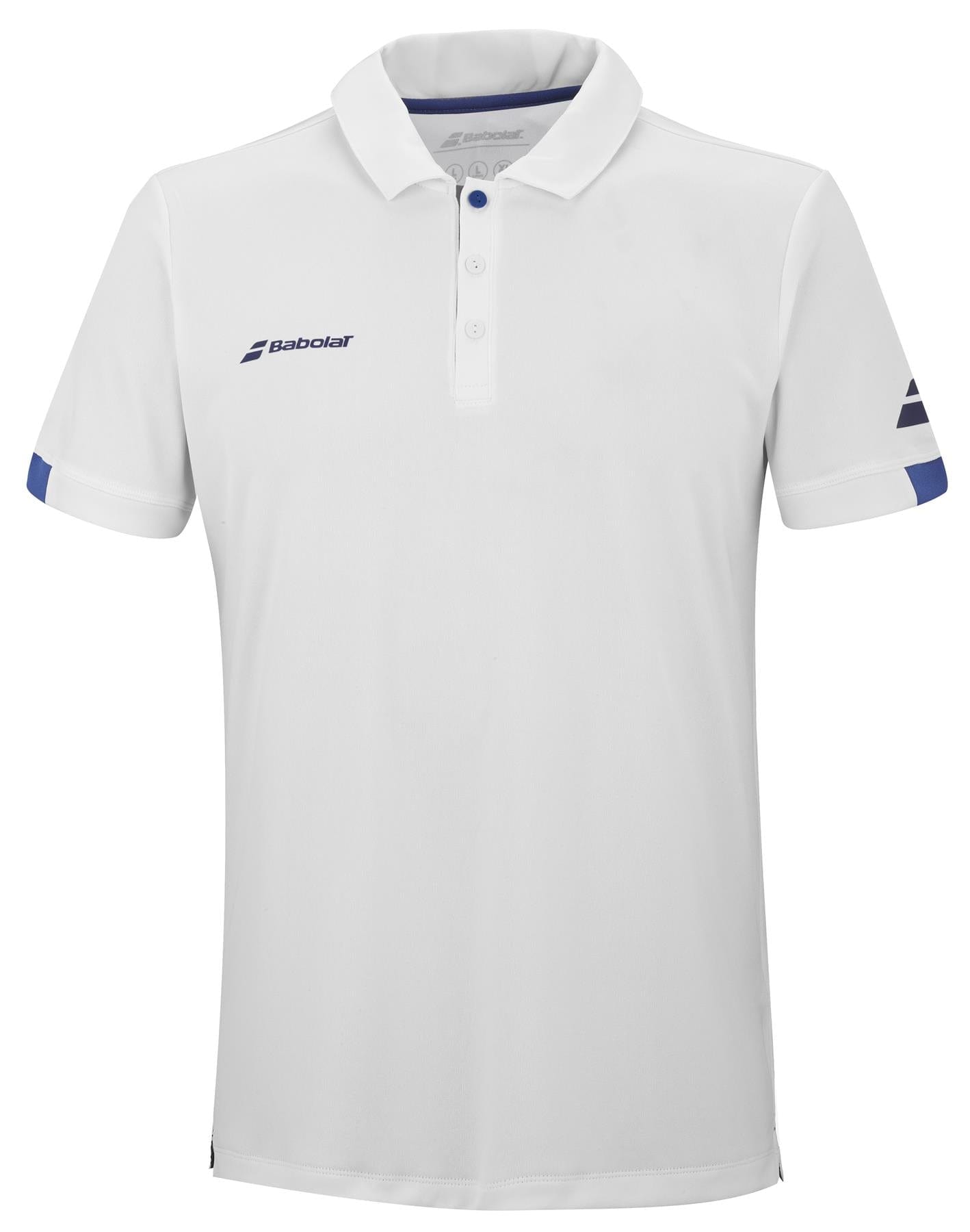 The Babolat Play Men's Badminton Polo Shirt in white is made from recycled polyester fabric, featuring a short-sleeve design with a collar and three buttons. It showcases a small blue "Babolat" logo on the left chest and boasts a stylish blue pattern on the right sleeve. Equipped with Fiber Dry technology, it ensures maximum comfort for players.