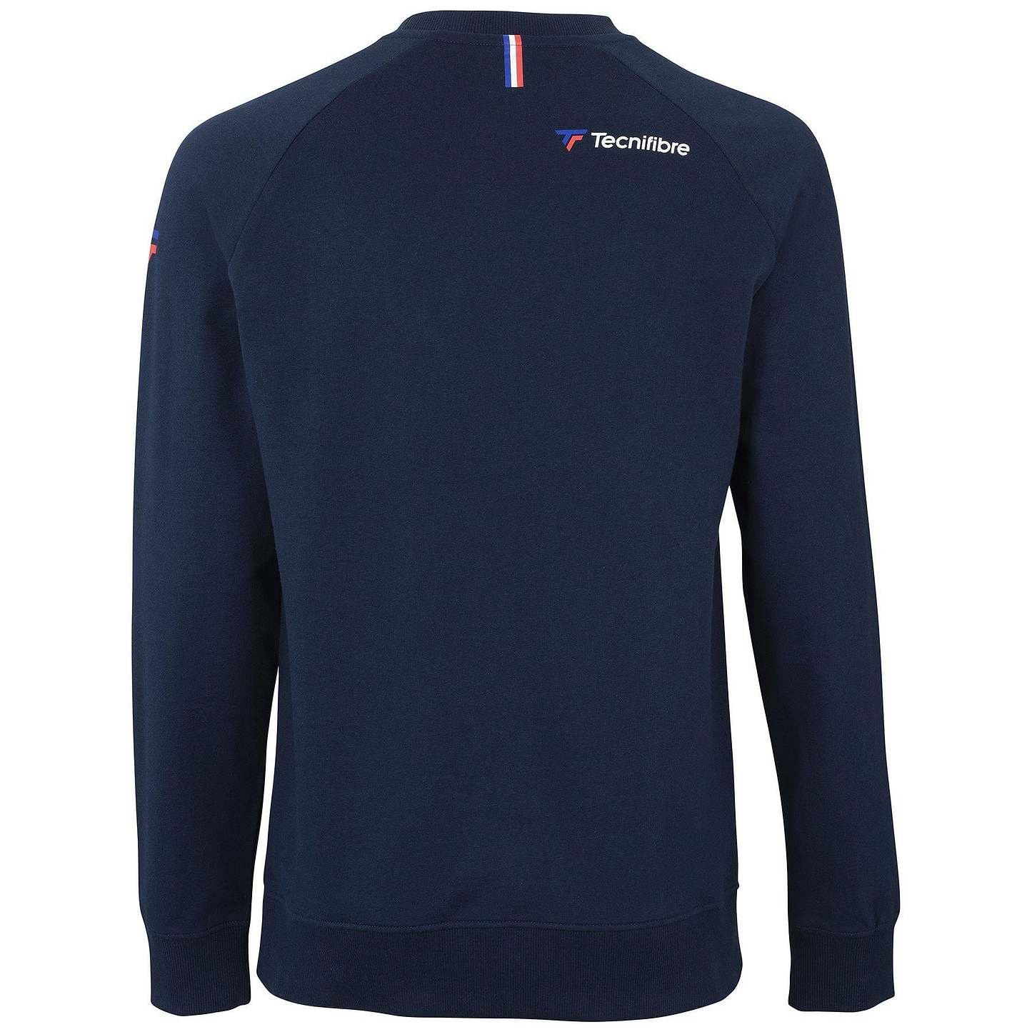 Rear view of the Tecnifibre Men's Sweatshirt in Marine Blue, made from premium quality cotton, featuring the logo and a small stripe design near the neckline for optimal comfort.