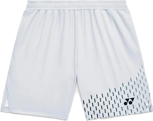 Yonex 15241EX Knit Men's Badminton Shorts in silver grey feature an elastic waistband, small dark vertical lines on the lower right leg, a small dark Yonex logo, and moisture-wicking fabric for comfort during play.