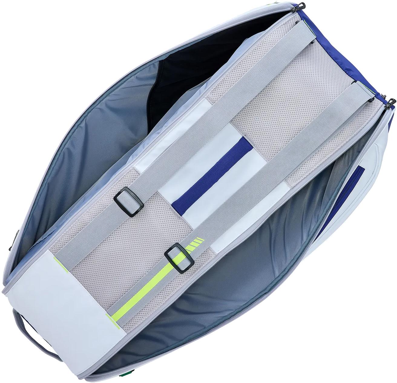 The Yonex BA52526EX Club 6 Racket Badminton Bag in white and blue features a grey interior, mesh and fabric straps, adjustable buckles, spacious storage for equipment, and stylish lime green accents—perfect for badminton enthusiasts.