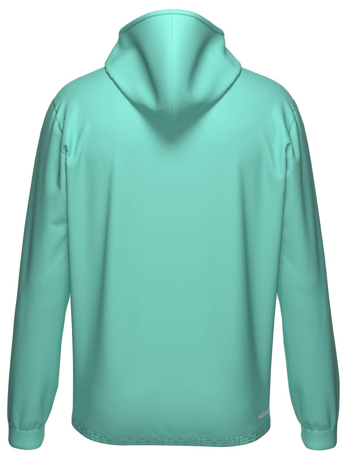 HEAD Topspin Mens Badminton Hoodie - TQXU in aqua, designed for men, features long sleeves and a plain back with a small text detail near the lower right hem. No visible patterns or large logos. Brand: HEAD.