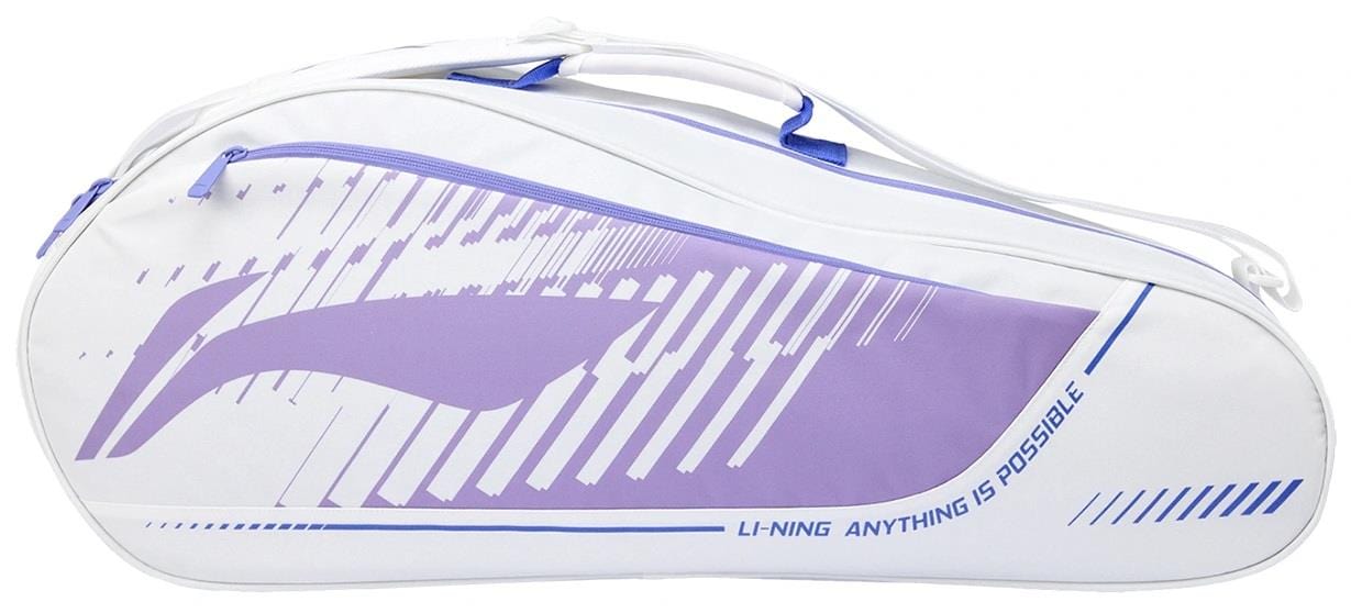 The Li-Ning Training Series 3 Racket Badminton Bag in white and purple features an abstract purple design, blue accents, “ANYTHING IS POSSIBLE” slogan, two handles, and a zippered main compartment for your racket.