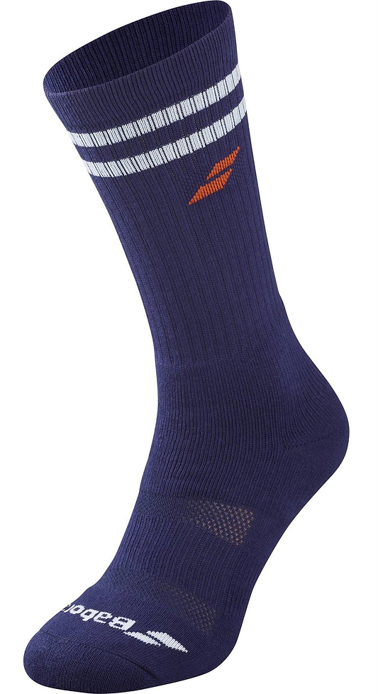 The Babolat Team Single Badminton Sock in Illusion Blue features two white stripes near the top, an orange logo on the side, and the Babolat brand name and logo in white near the toe—perfect for comfortable sports or badminton wear.