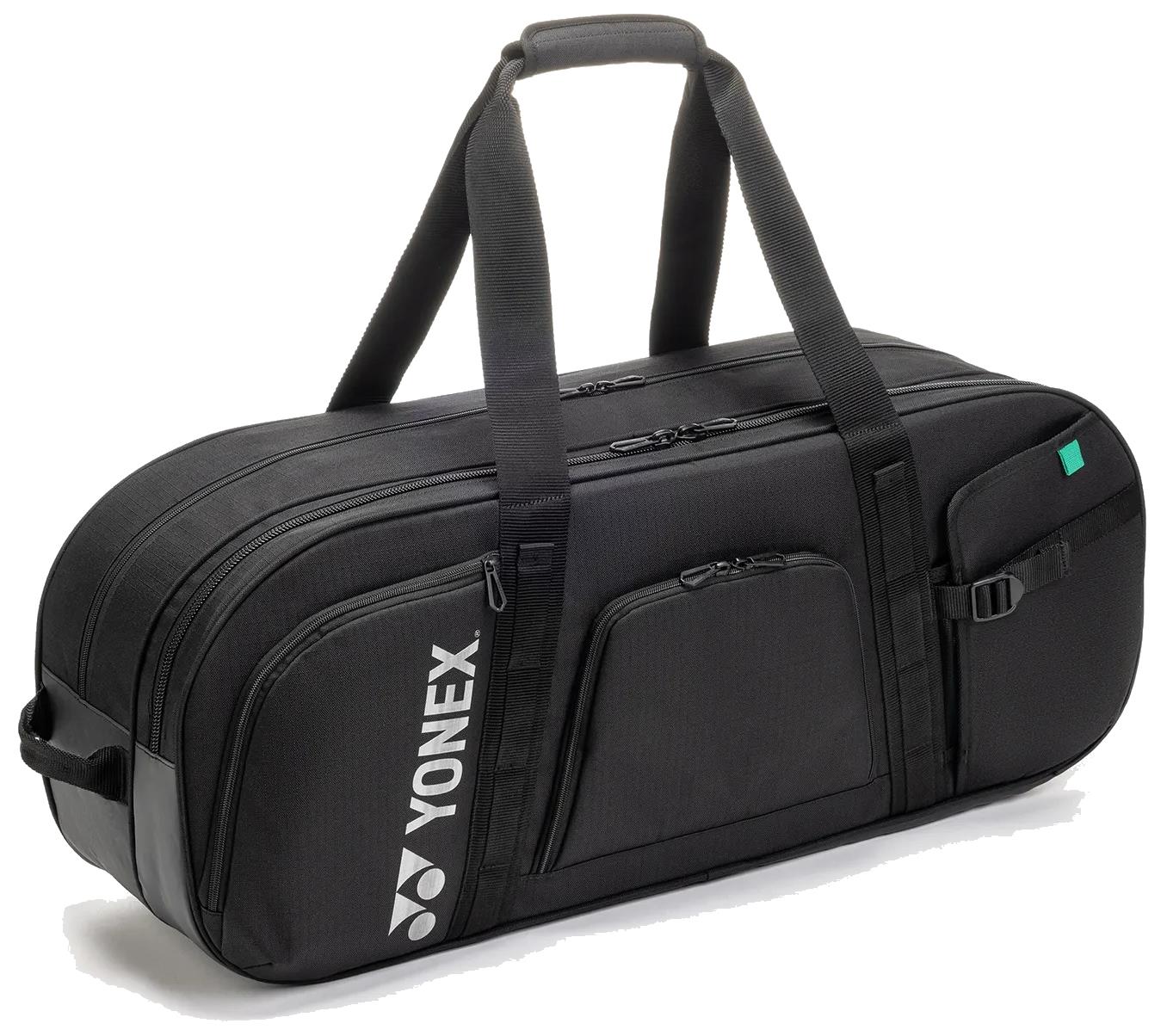 The Yonex BA72631WEX Gearlogic Tournament Badminton Bag in black offers a sleek look and a comfortable strap, making it perfect for carrying your essentials to any tournament.