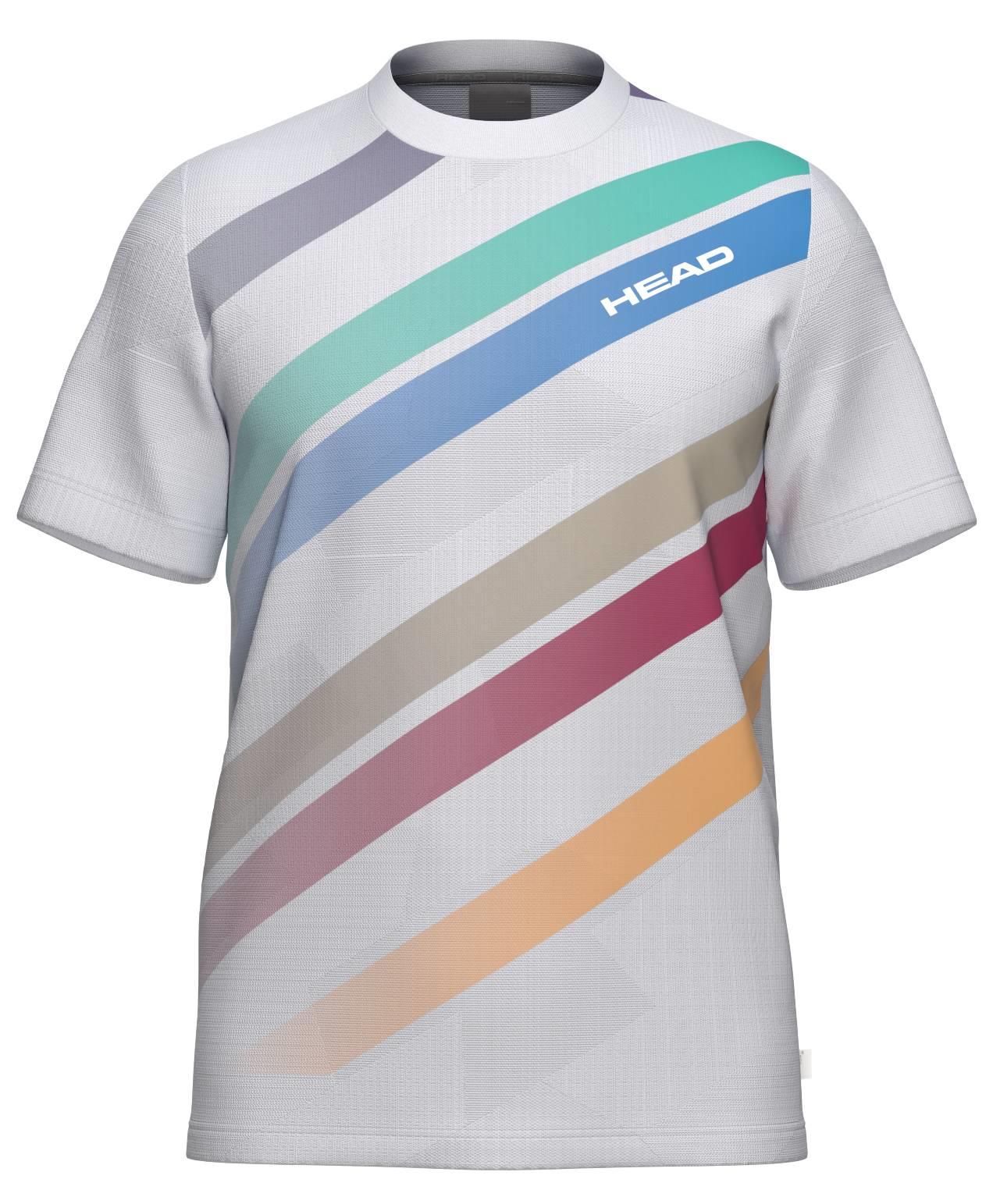 The HEAD Pro Men's Badminton T-Shirt - WHXP is a white, moisture-wicking tee with diagonal green, blue, gray, beige, red, and orange chest stripes and "HEAD" printed in white on the blue stripe near the right shoulder.