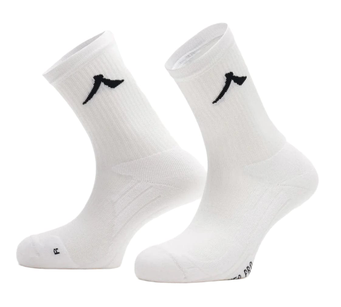 The Kanso Neo Pro Performance Crew Badminton Socks in white feature a small black logo, cushioning, and ventilation channels for court comfort. Displayed upright against a white background.