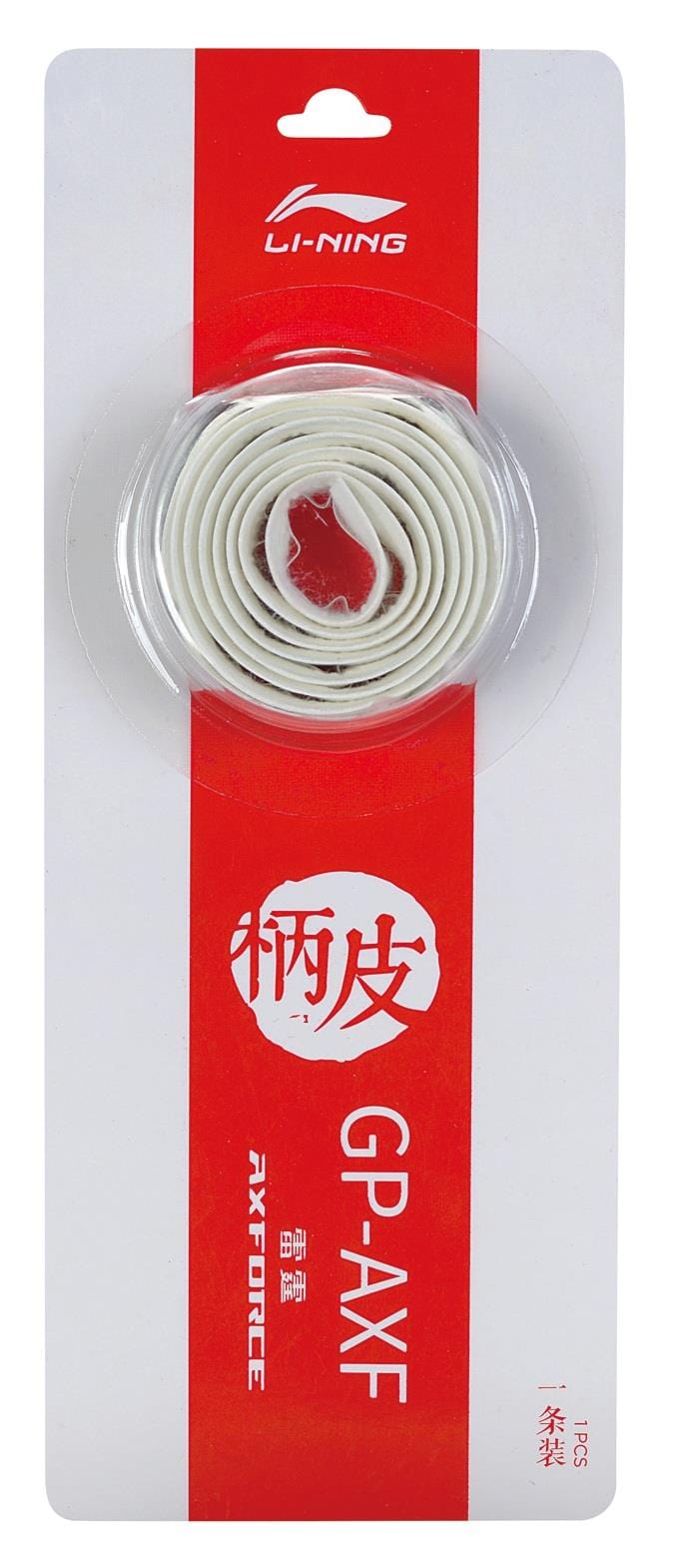 The Li-Ning GP-AXF Badminton Grip packaging showcases its white replacement grip on a bold red background, featuring cushioned comfort. Elegant English and Chinese text in red and white complement the design.
