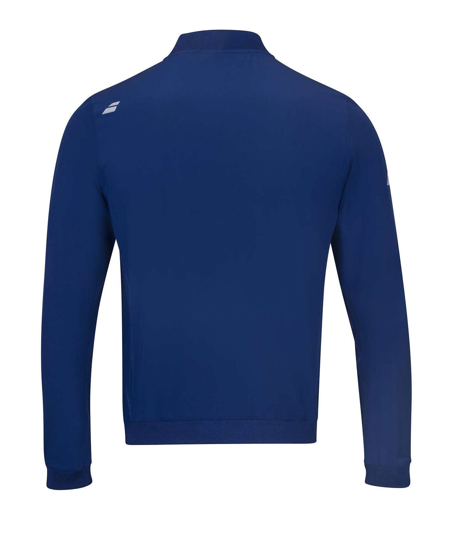 The back view of the Babolat Play Men's Badminton Jacket in Estate Blue displays a small white logo on the upper left shoulder. With long sleeves and a ribbed hem, this jacket projects a clean, sporty appearance ideal for winter evenings. It's crafted from four-way stretch fabric to enhance comfort and flexibility.
