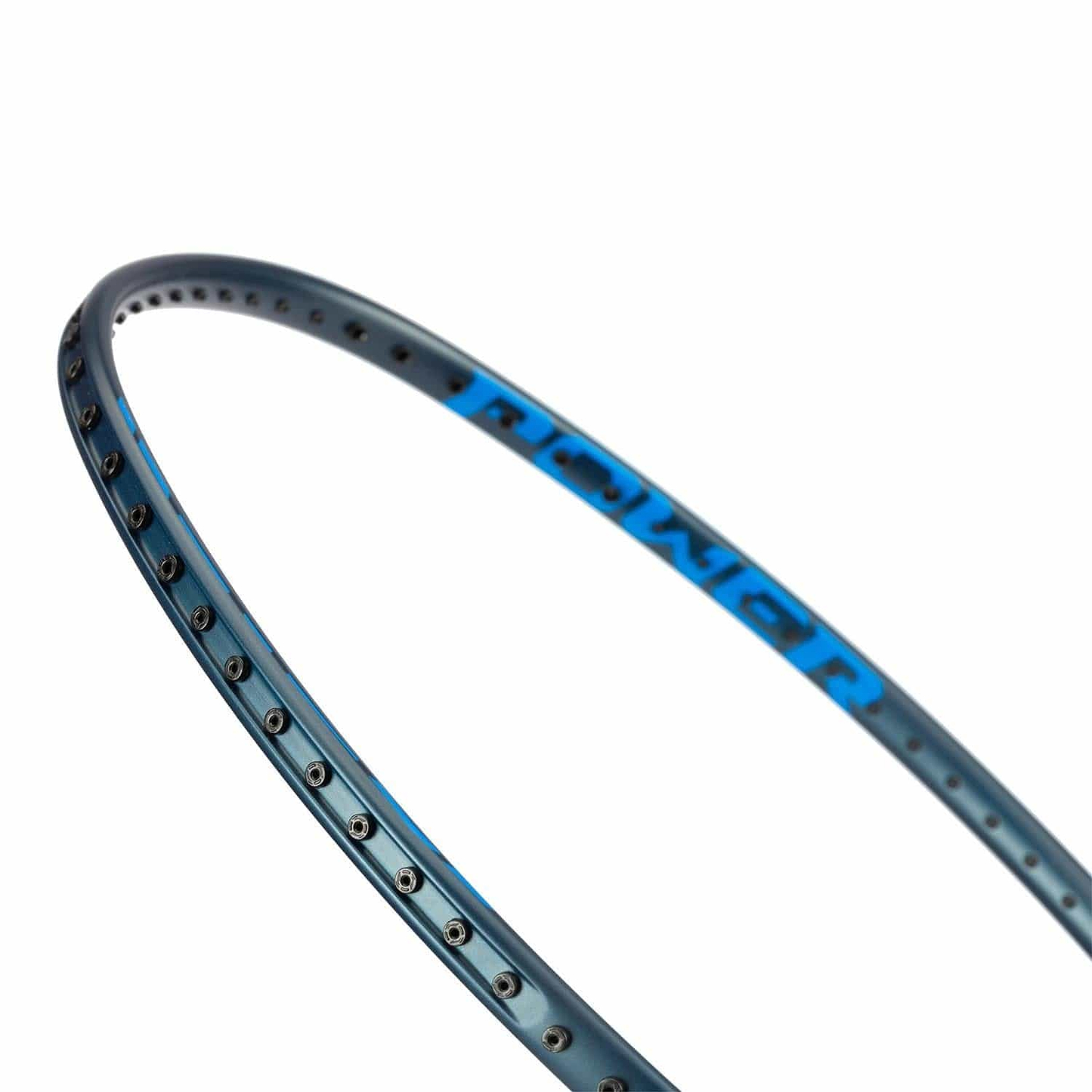 Close-up of a Li-Ning Axforce 10 4U Badminton Racket frame in sleek grey with "POWER" in blue on the inside. Tilted view reveals string holes minus strings, showcasing a smooth, minimal design enhanced by the innovative Sonic Boom System.