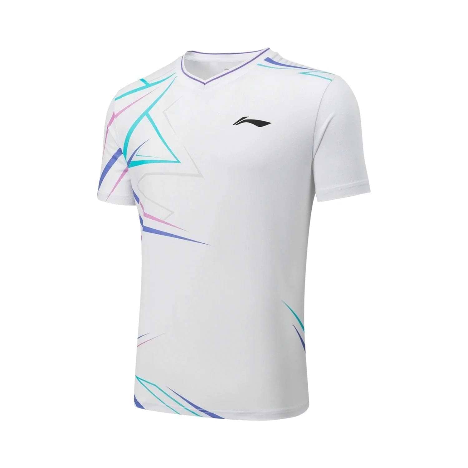 The Li-Ning QA Men's Badminton T-Shirt in white features abstract blue and purple geometric designs on the right shoulder and lower left side. It offers moisture-wicking comfort, a small black chest logo, and stylish short sleeves for athletic wear.