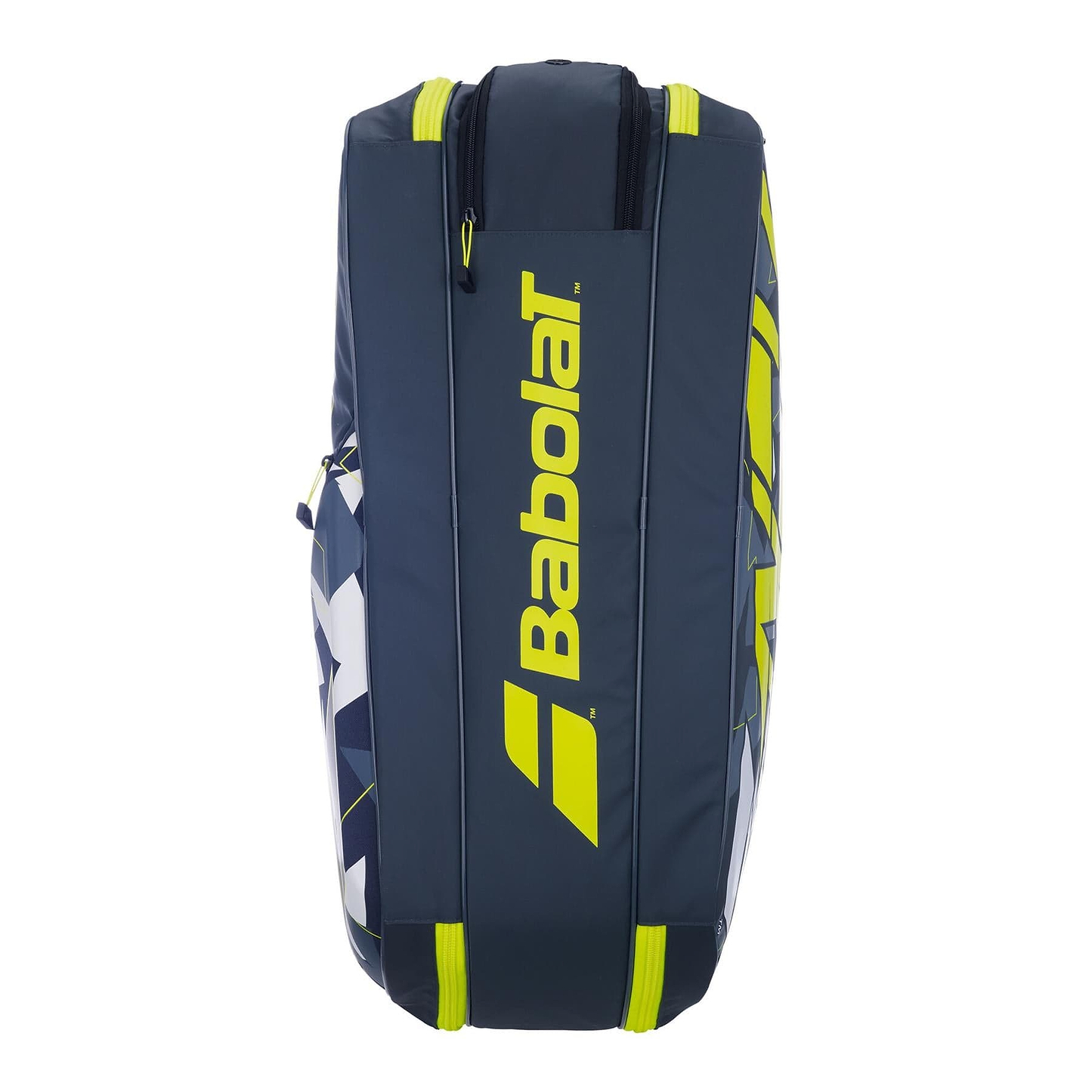 The Babolat RHX6 Pure Aero Racket Bag in grey and yellow features a sturdy, waterproof design with a bold logo. Its elegant style includes several zippered compartments, making it an ideal choice for transporting all your tennis gear.