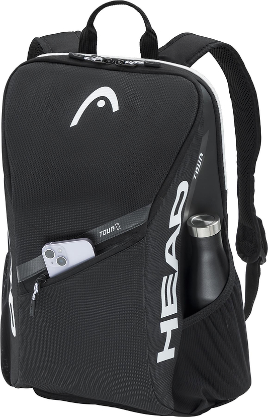 The HEAD Tour 25L Badminton Backpack - Black features white accents, a front zip pocket for your smartphone, side mesh pocket for a silver water bottle, two shoulder straps, and top handle—perfect as a sleek racket bag.