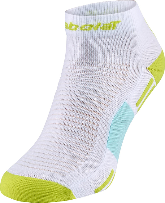 The Babolat Quarter Badminton Socks - White / Sulphur Spring feature lime green accents on the toe, heel, and cuff, a light blue side section, and "Babolat" branding—perfect for comfort on the court.