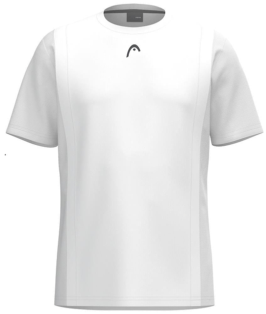 Explore the HEAD Club Tech 25 Men's Badminton T-Shirt in white, featuring a premium sporty style with subtle curved lines on the chest and sides. Equipped with Moisture Transfer Microfiber for optimal comfort, it includes a small logo near the collar.