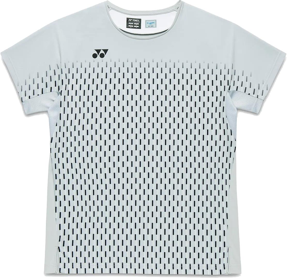 The Yonex 10713EX Crew Neck Men's Badminton T-Shirt in silver grey features short sleeves, vertical black dashed lines on the front, and a small black logo near the left shoulder—ideal for badminton.