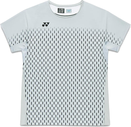 The Yonex 10713EX Crew Neck Men's Badminton T-Shirt in silver grey features short sleeves, vertical black dashed lines on the front, and a small black logo near the left shoulder—ideal for badminton.
