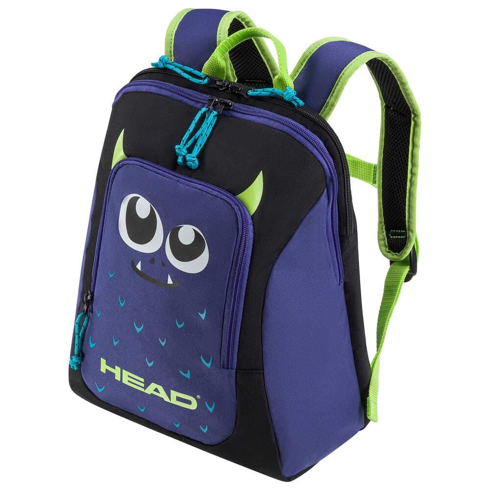 Introducing the HEAD Kids Tour Badminton Backpack - Monster by HEAD. This delightful backpack showcases a cute monster face design, complete with large eyes and petite green horns. The vibrant blue body is decorated with light blue V shapes, complemented by its dark blue and black scheme. Equipped with a sportswear compartment and reflective logos, this backpack is perfect for young explorers.