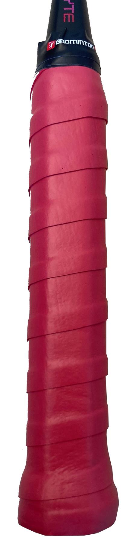 Close-up of a BadmintonHQ 3 Pack Badminton Overgrip in red, wrapped on a racquet handle, highlights its sweat-absorption abilities and detailed texture as the overgrip spirals securely around the handle.