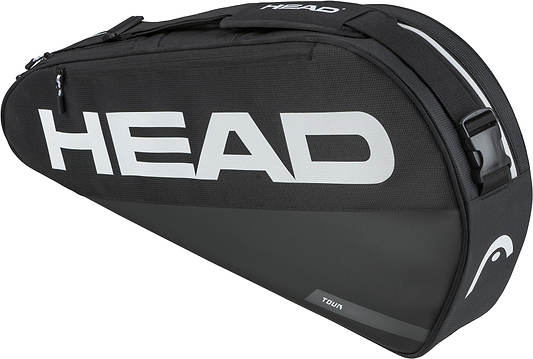 The HEAD Tour 3 Racket Badminton Bag S - Black features a sleek black and gray design, a large white HEAD logo, zipper closure, top black handle, and "TOUR" in small white letters near the base for a modern look.
