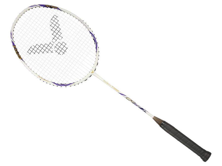 The Victor Auraspeed 7100 4U Badminton Racket by Victor features a white high-resilience graphite frame, dark grip, and purple-gold accents, shown diagonally against a plain white background.