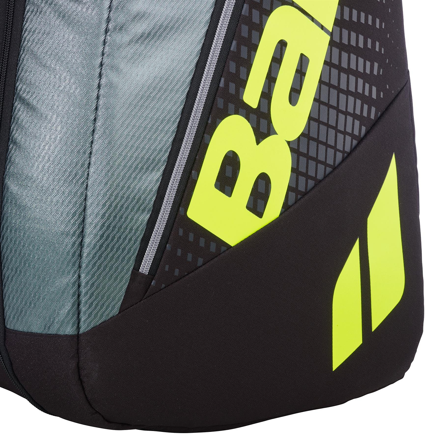 Close-up of the Babolat RH12 Pure Aero 12 Racket Badminton Bag in grey and yellow, featuring a black and gray textured design, bold yellow logo and text, plus a vertical center zipper.