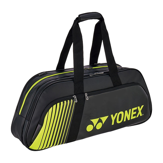 The Yonex 82431WEX Active Tournament Badminton Bag in black/lime features a zippered main compartment, side pocket, sturdy carrying handles, and prominently displays the Yonex logo and stripes—a stylish choice for players wanting to stand out at tournaments.