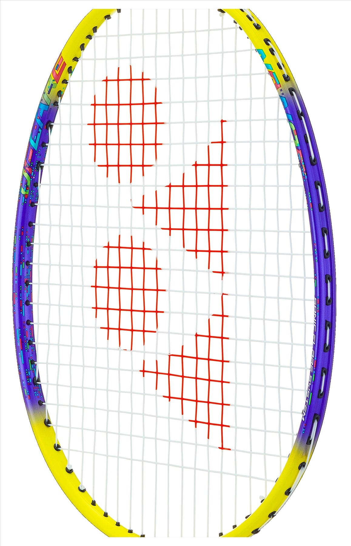 Close-up of the Yonex Nanoflare 002 Clear 4U badminton racket. The frame is a vibrant mix of yellow and purple, with strings forming a red pattern like circles and an upward triangle. Its head-light balance is improved by ISOMETRIC™ technology, set against a white background.