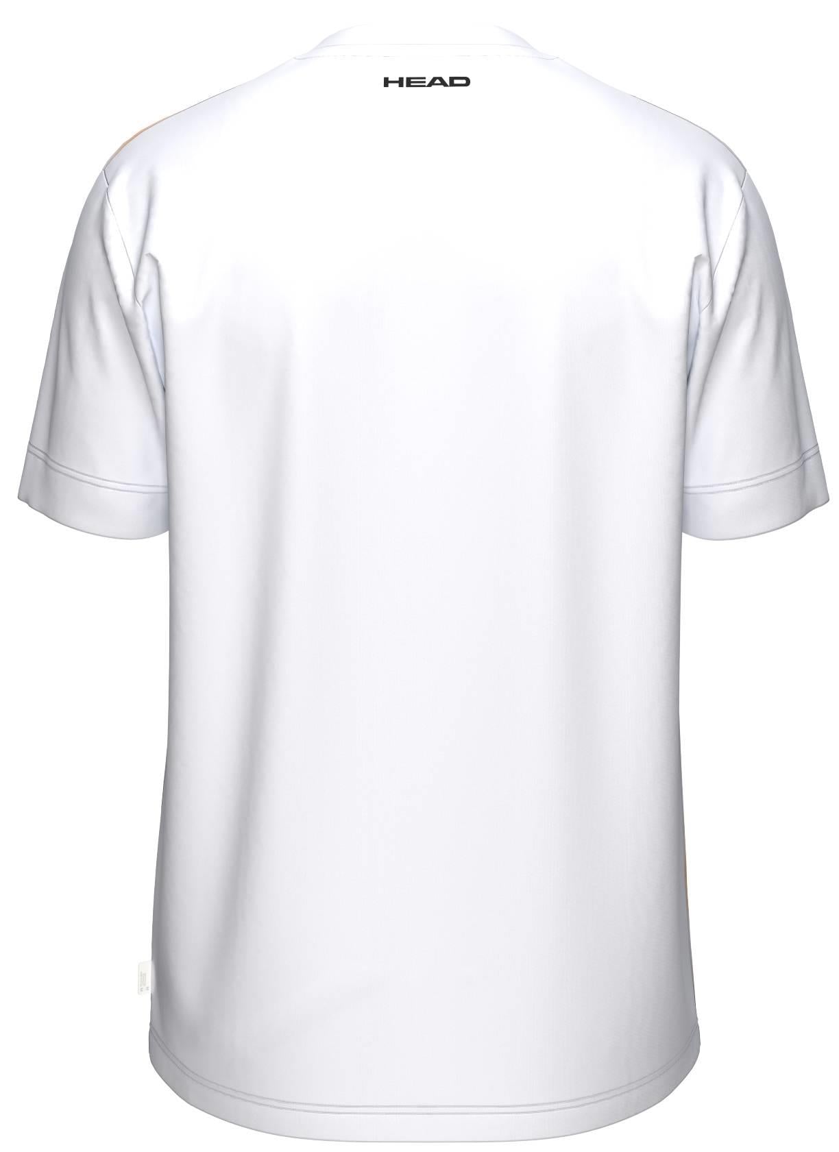 The HEAD Blur Mens Badminton T-Shirt - PUXU is shown from the back in plain white, featuring "HEAD" in black near the collar. This breathable shirt from HEAD is designed for comfortable play on the badminton court.