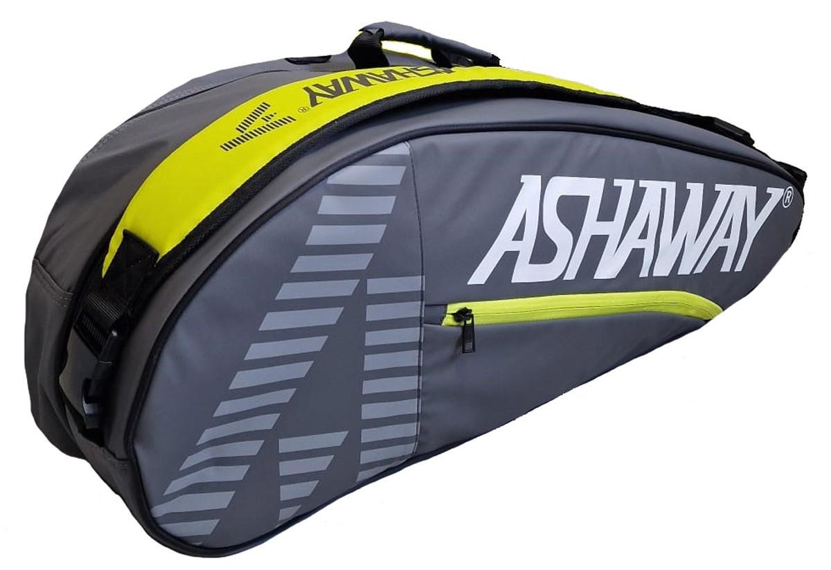 The Ashaway ATB 871 Single 3 Racket Badminton Bag in grey and yellow features a large logo, zippered side pocket, top handles, and a sleek aerodynamic design with diagonal stripes on one side.