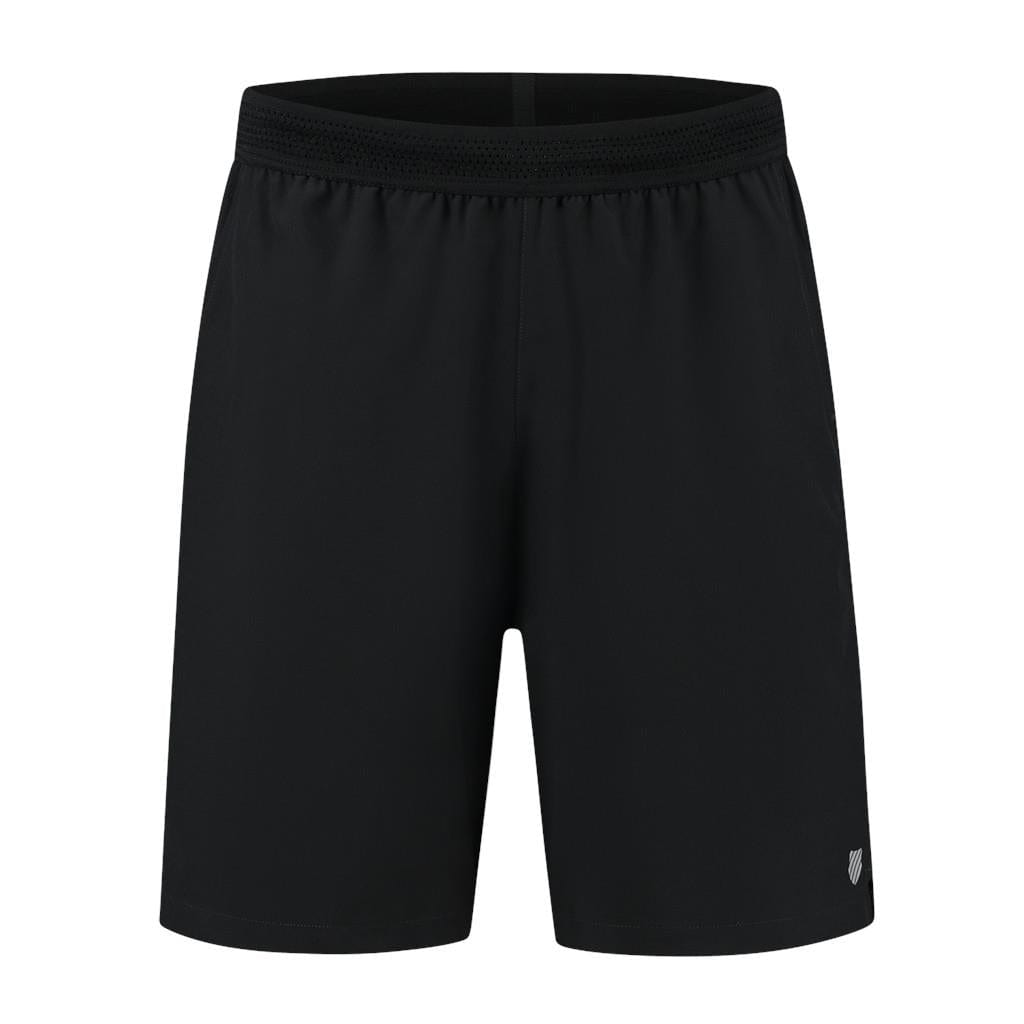 The K-Swiss Hypercourt Mens Shorts - Black are a pair of performance athletic shorts designed by K-Swiss, showcasing a black color with an elastic waistband and a subtle logo near the bottom hem. They are displayed against a simple white background.