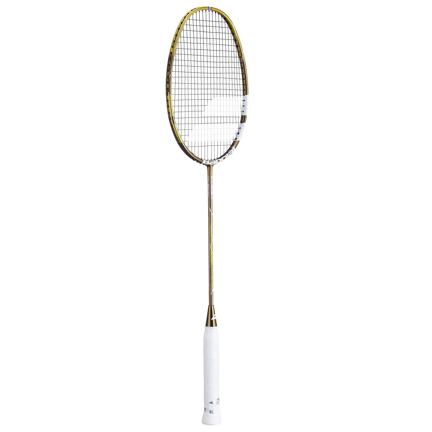 The Babolat Jetstream 78 5U badminton racket features a gold and black frame, white grip, and mesh string bed for precision.