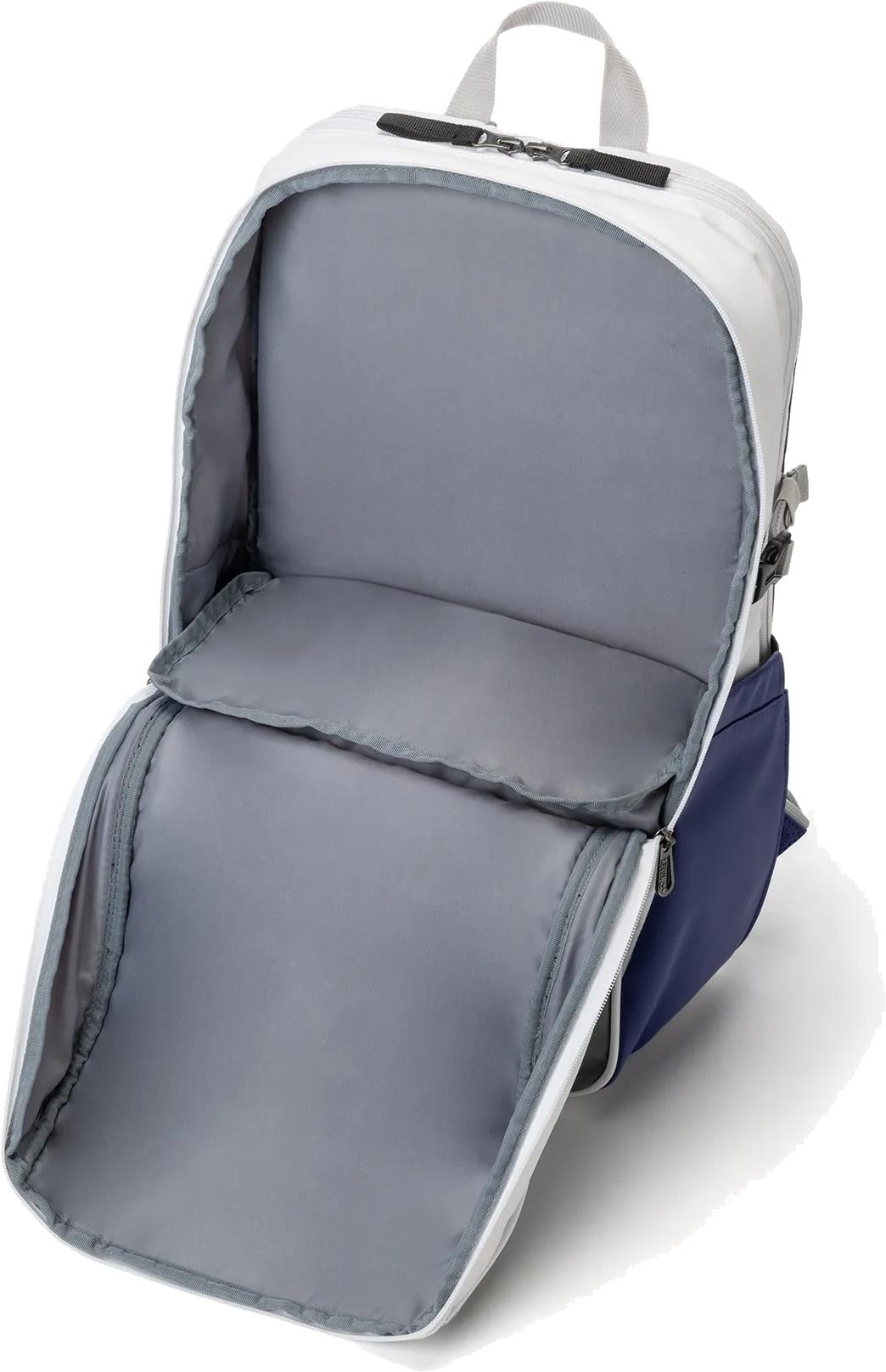 The Yonex BA52512EX Club Badminton Backpack by Yonex is shown fully unzipped, featuring a white top, blue bottom, gray interior, spacious main compartment, and padded lining for durability.