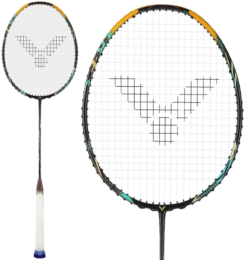 The image shows a Victor Thruster F C Ultra CX 4U Badminton Racket in black/gold with a white grip and "V" or bird design on the strings, displaying both full view and close-up of the racket head. Brand: Victor.